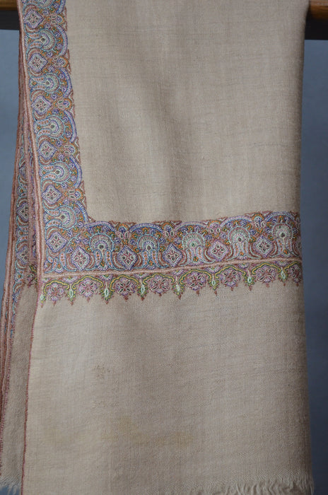 Un Dyed Natural Border Embroidery Cashmere Pashmina Shawl