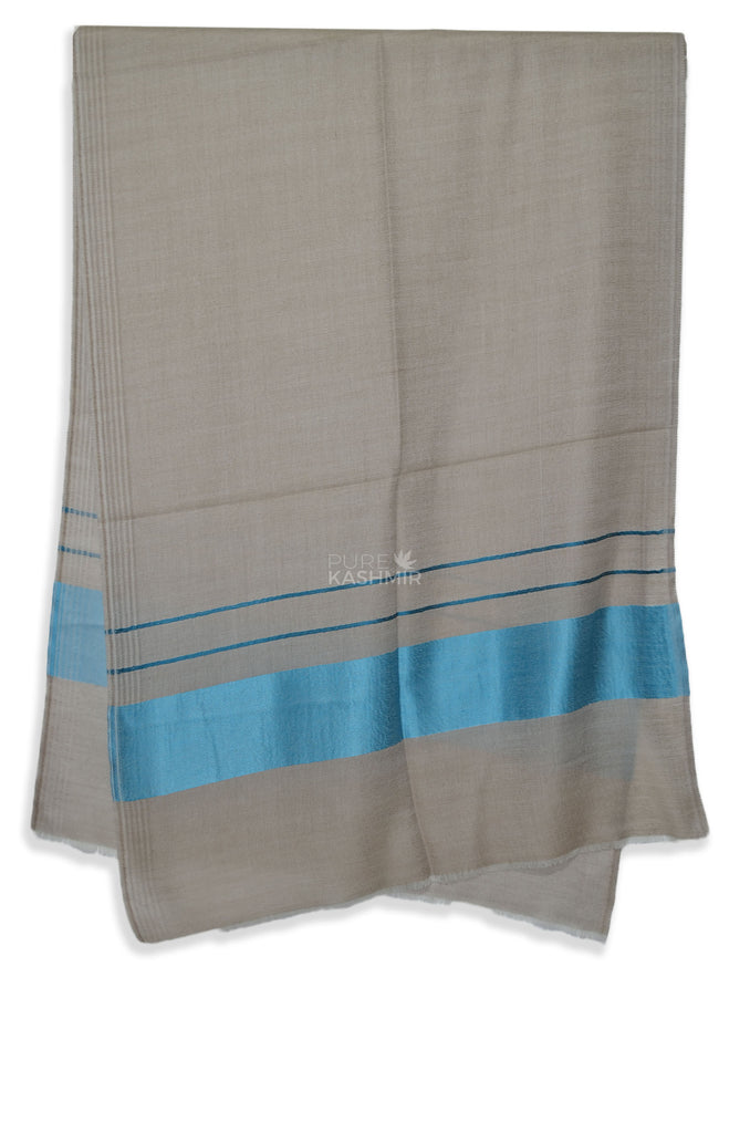 Natural Two Side Striped Blue Border Merino Scarf