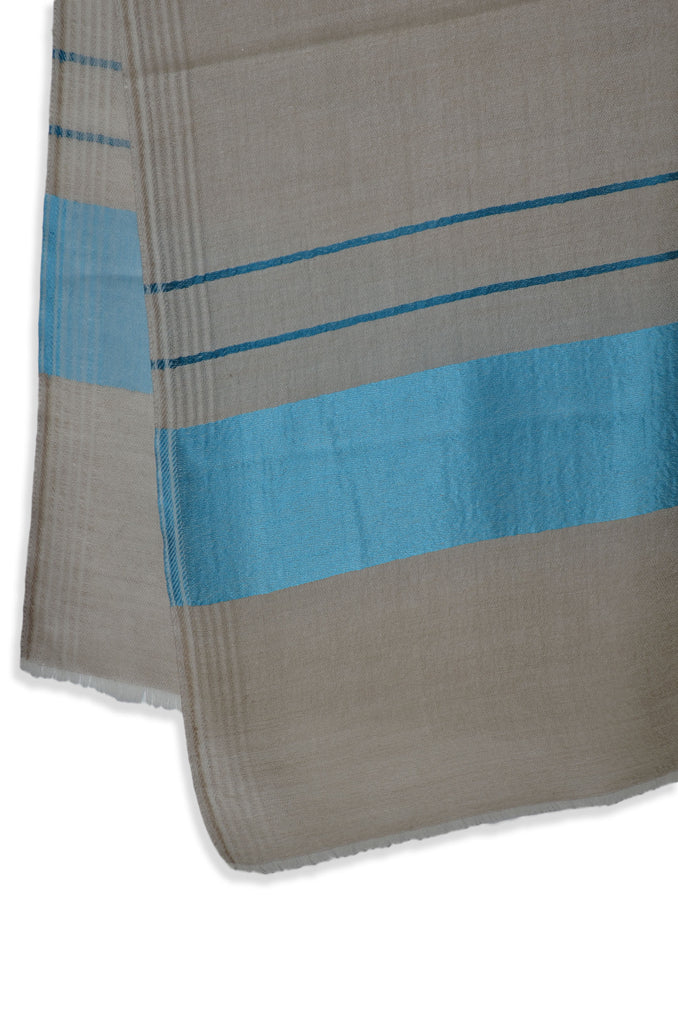 Natural Two Side Striped Blue Border Merino Scarf
