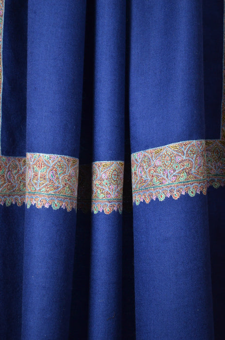 Navy Blue Border Embroidery Cashmere Pashmina Shawl