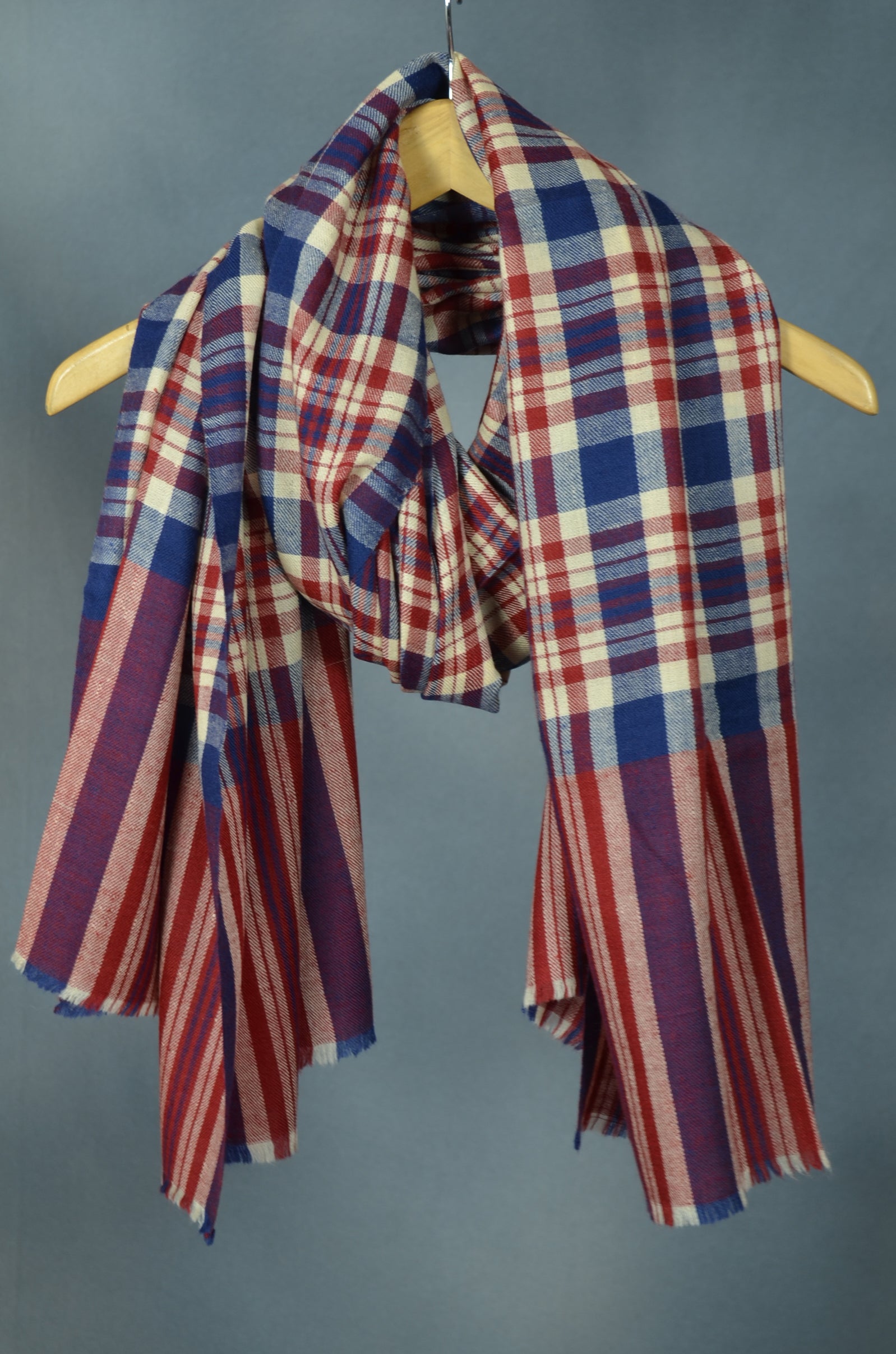 Blue & Red Check Handwoven Cashmere Pashmina Shawl