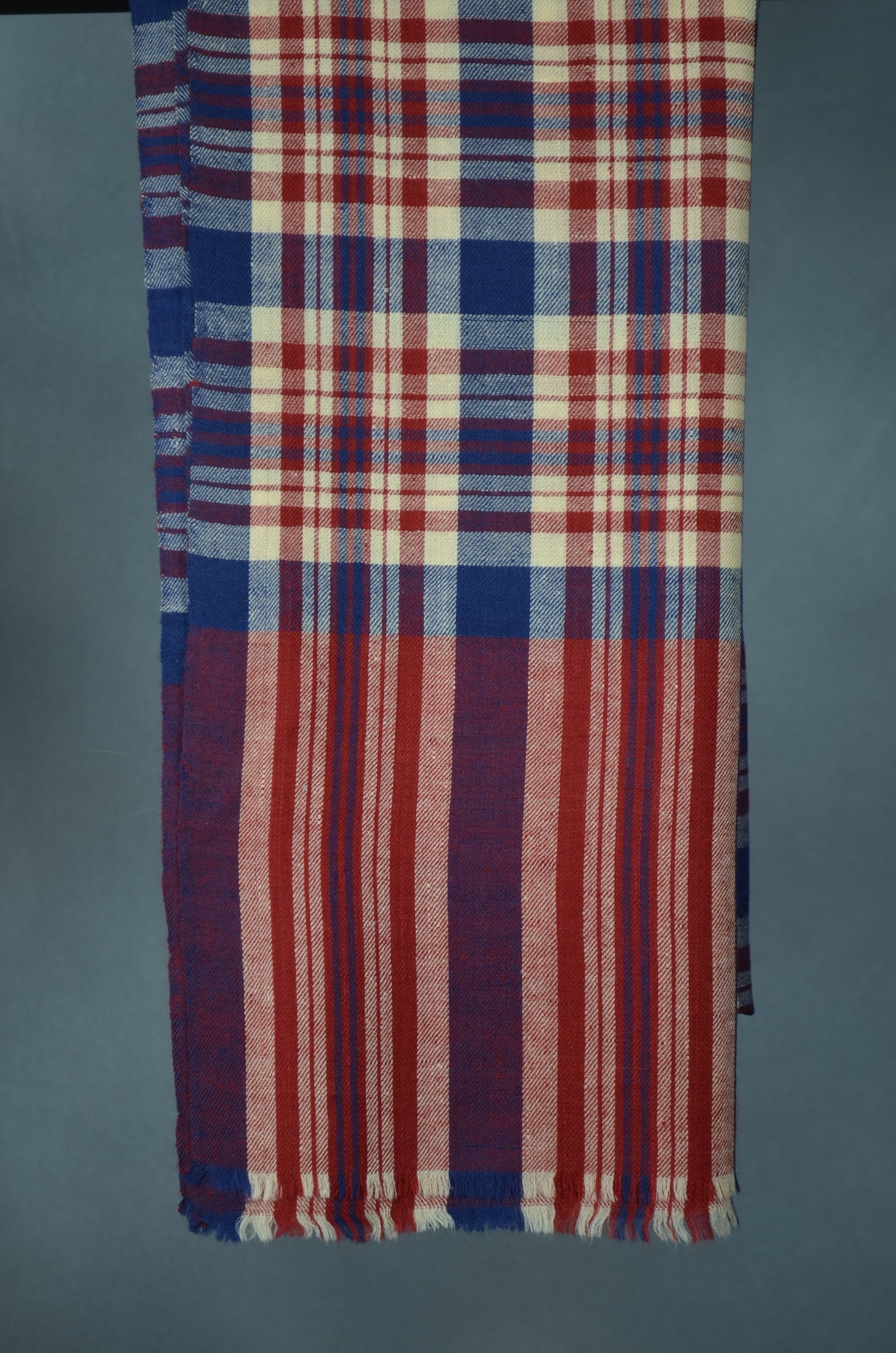 Blue & Red Check Handwoven Cashmere Pashmina Shawl