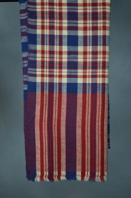 Blue & Red Check Handwoven Cashmere Pashmina Shawl