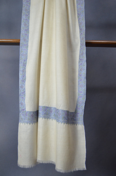 Ivory Blue Pastle Border Embroidery Cashmere Pashmina Shawl