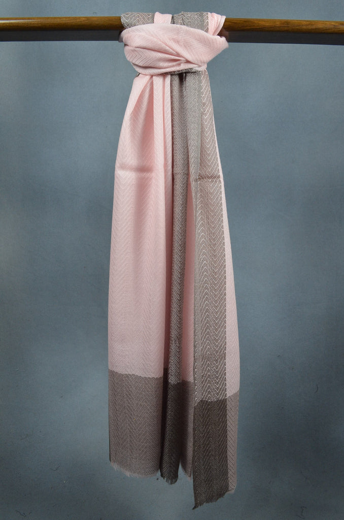 Pink Border Herringbone weave Merino & Silk Scarf