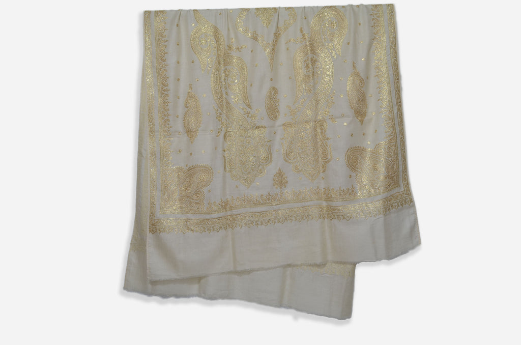 Ivory Base Gold Tilla Work Pashmina Shawl