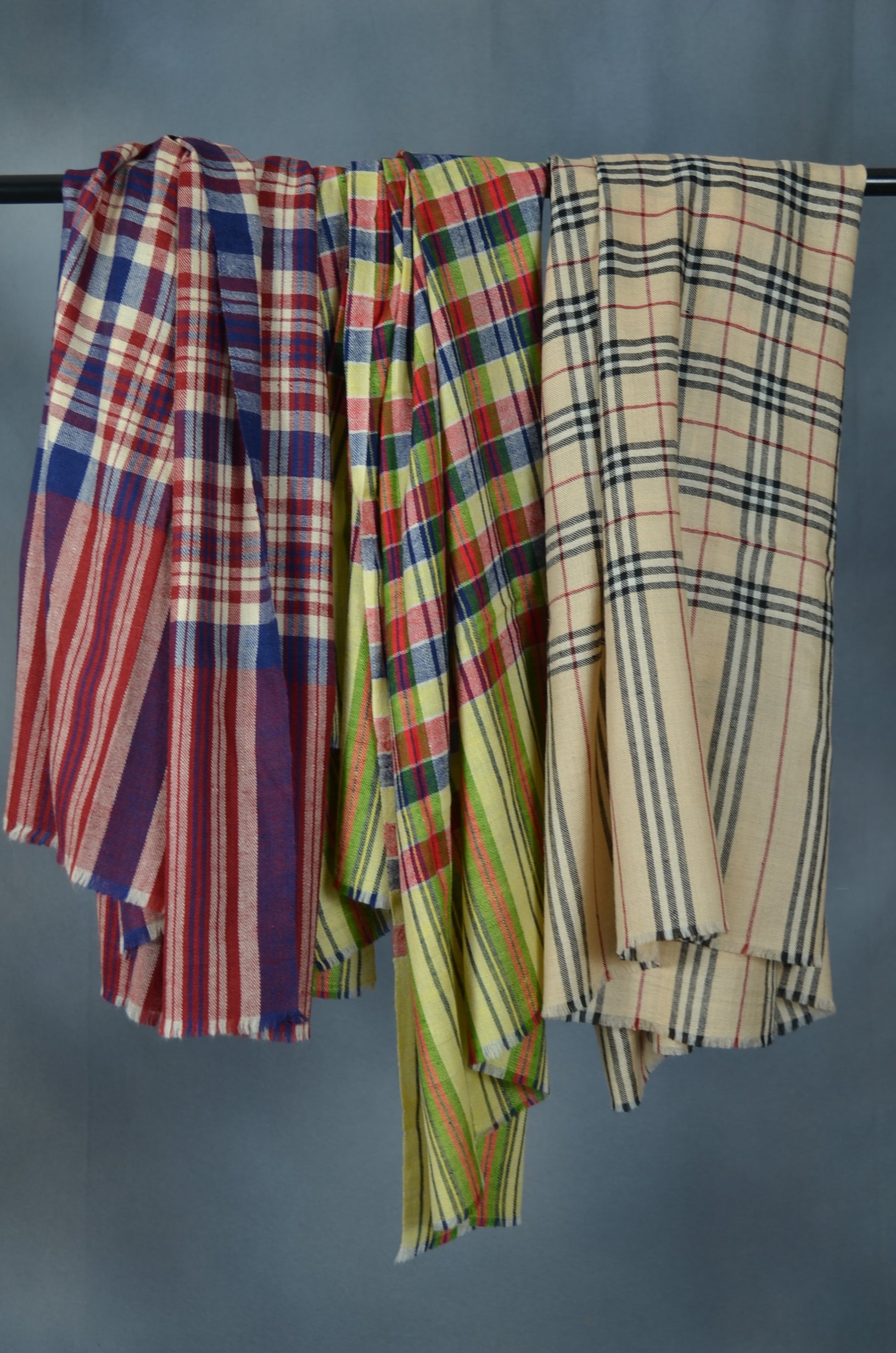 Blue & Red Check Handwoven Cashmere Pashmina Shawl