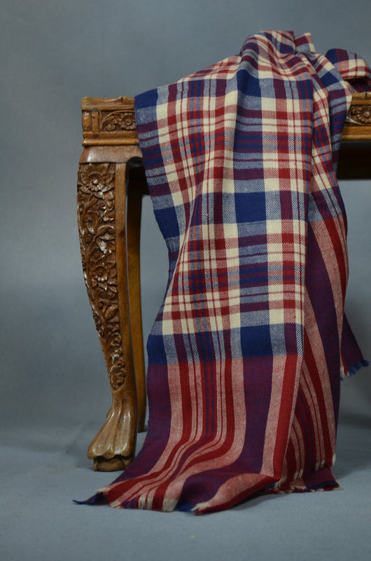 Blue & Red Check Handwoven Cashmere Pashmina Shawl