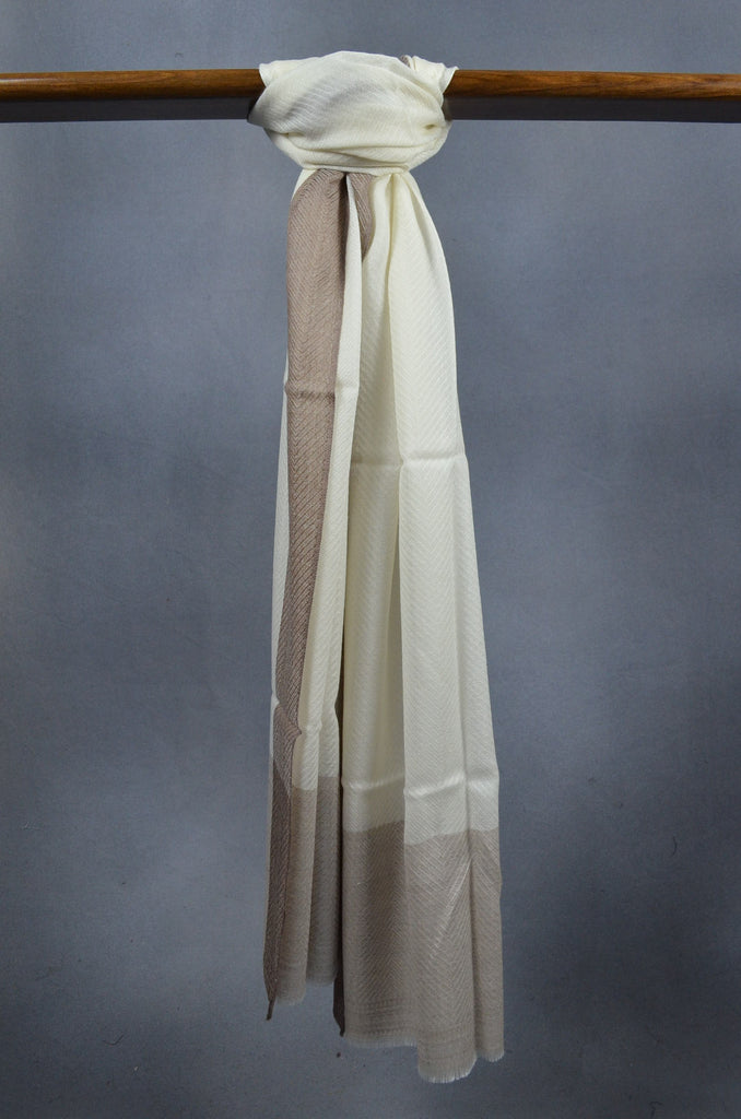Beige Border Herringbone weave Merino & Silk Scarf