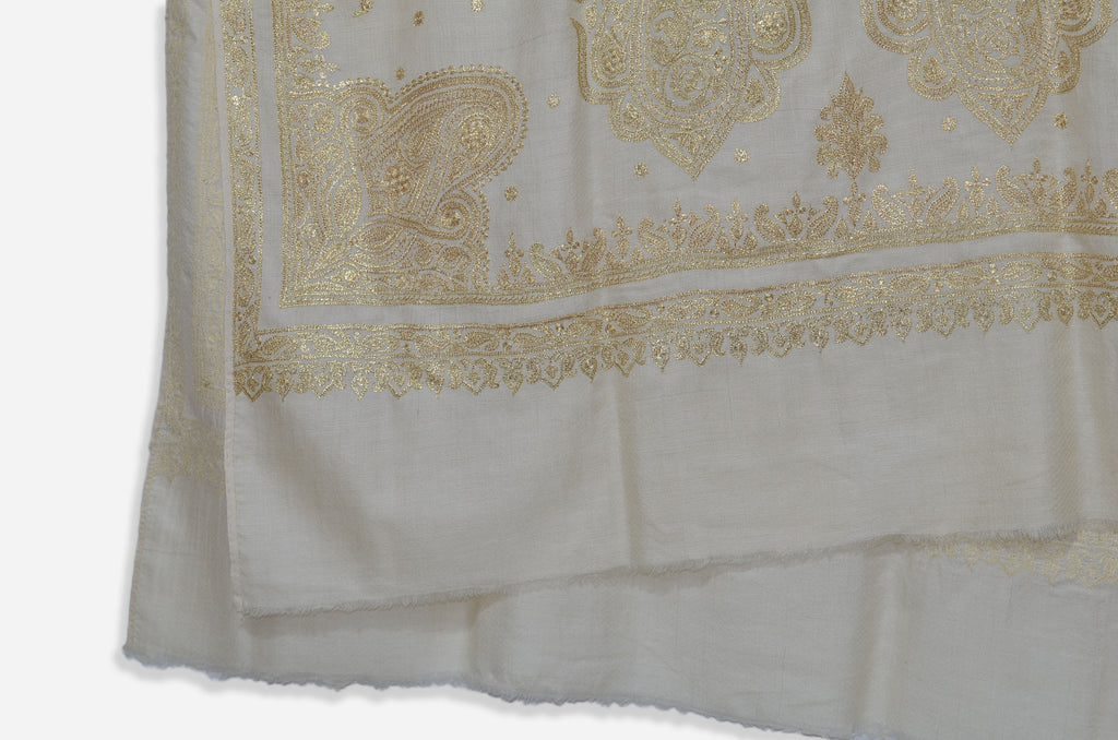 Ivory Base Gold Tilla Work Pashmina Shawl