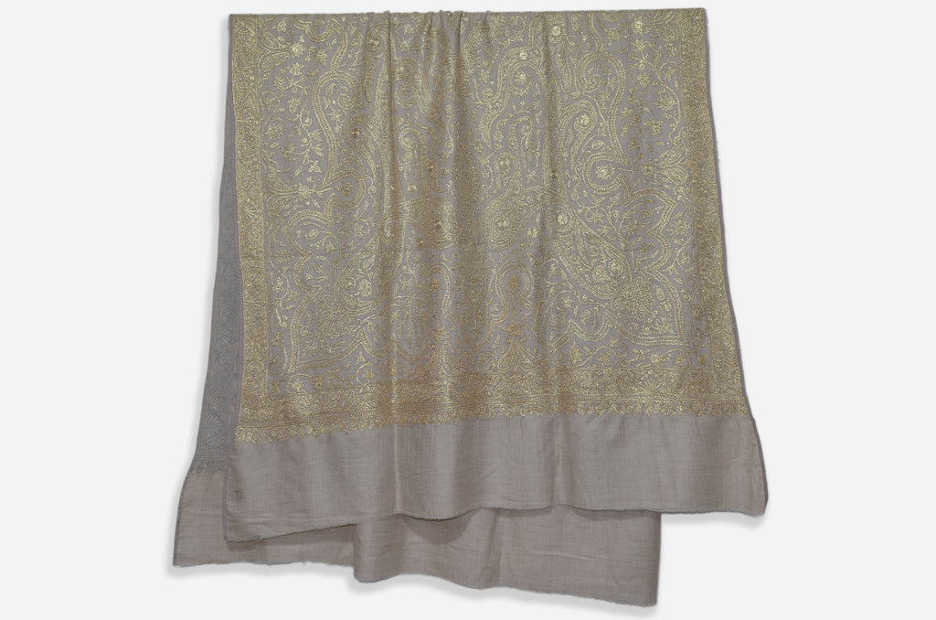 Un-Dyed Natural Base Silver Tilla Work Pashmina Shawl