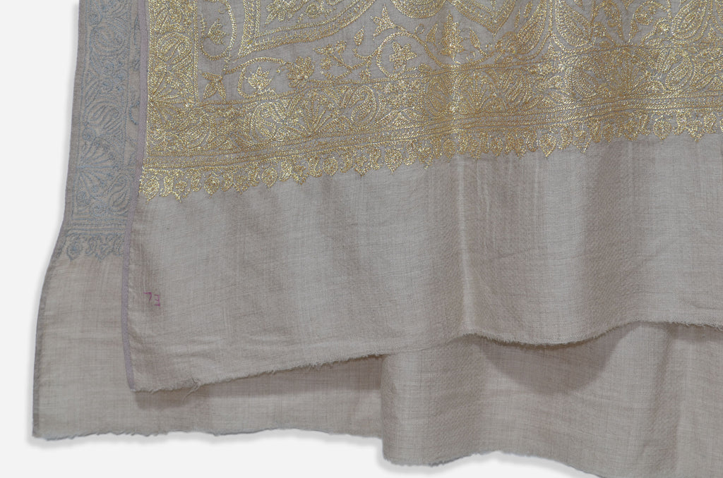 Un-Dyed Natural Base Silver Tilla Work Pashmina Shawl