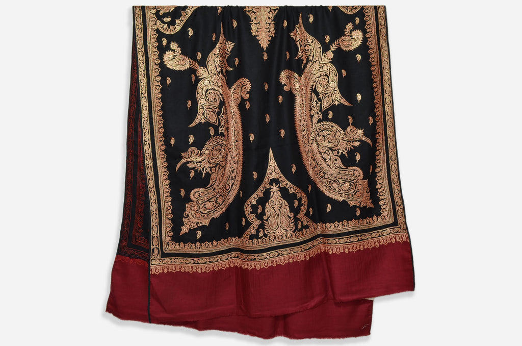 Black and Maroon Base Gold Tilla Work Pashmina Shawl