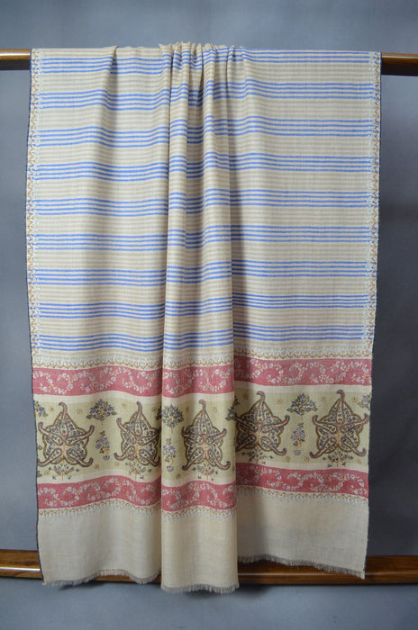 Blue & Natural Striped Border Embroidery Cashmere Pashmina Shawl