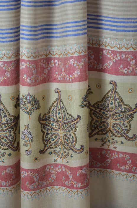Blue & Natural Striped Border Embroidery Cashmere Pashmina Shawl