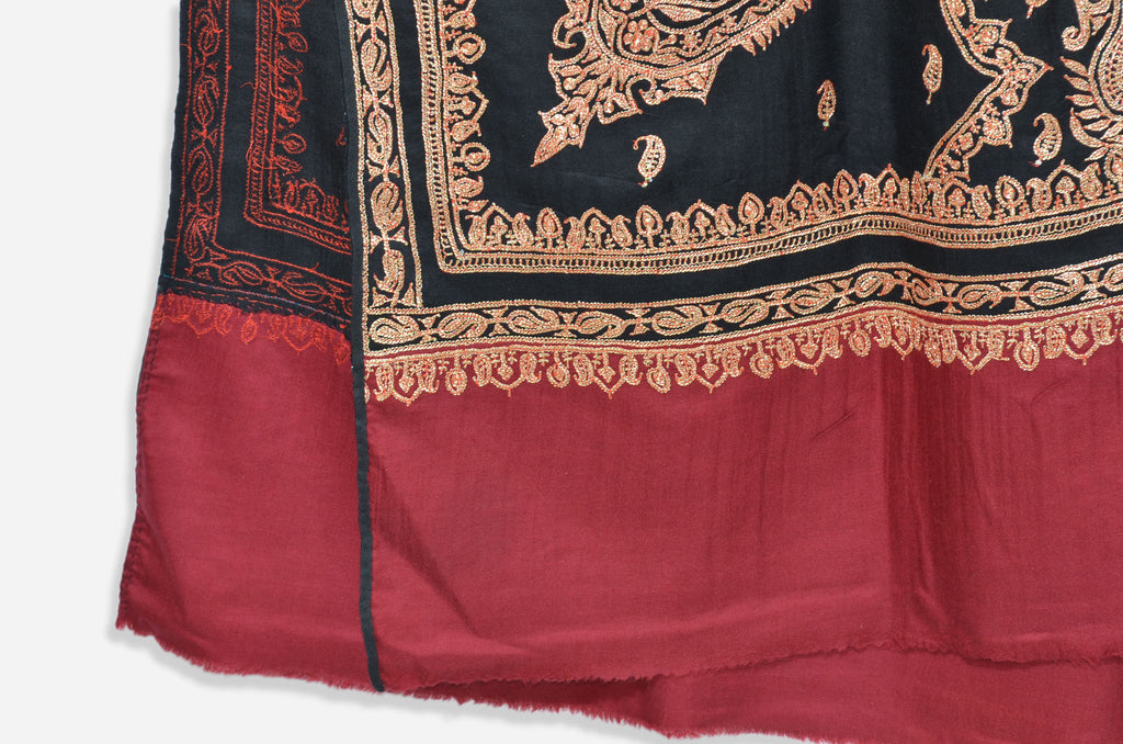Black and Maroon Base Gold Tilla Work Pashmina Shawl