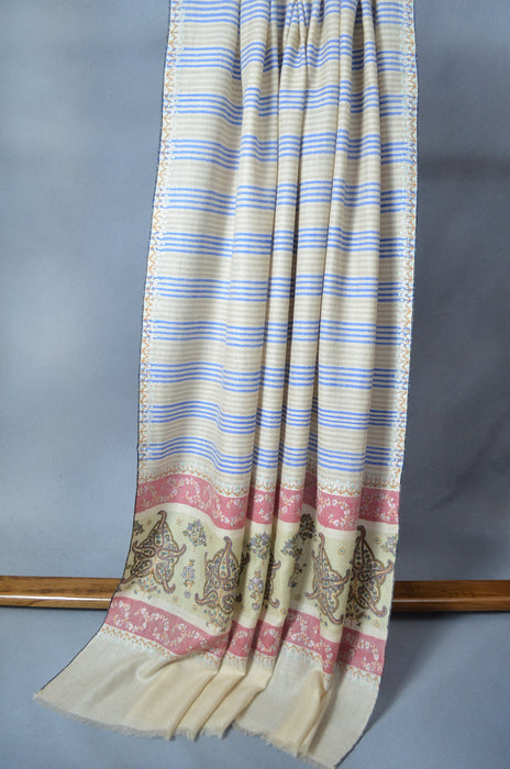 Blue & Natural Striped Border Embroidery Cashmere Pashmina Shawl