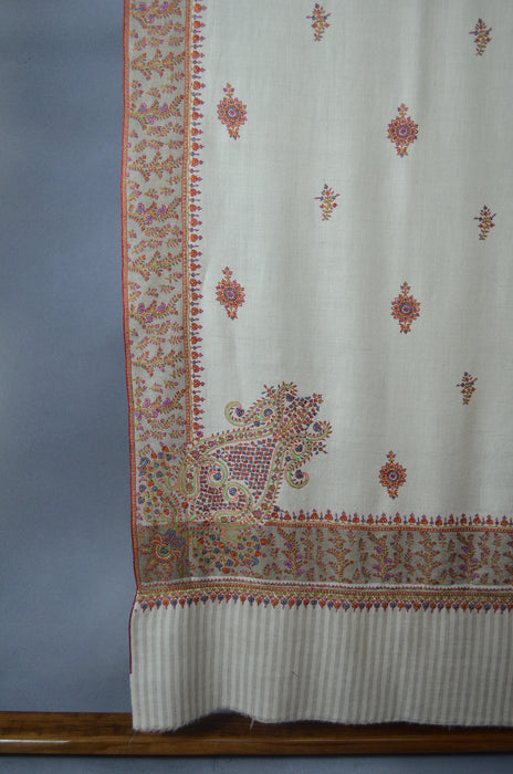 Ivory Butti-Dar & Border Embroidery Cashmere Pashmina Shawl