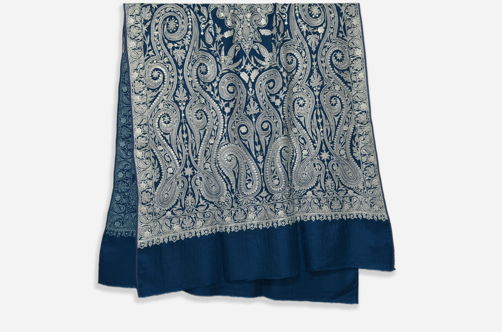 Blue Base Silver Tilla Work Pashmina Shawl