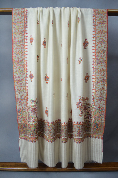 Ivory Butti-Dar & Border Embroidery Cashmere Pashmina Shawl