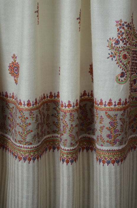 Ivory Butti-Dar & Border Embroidery Cashmere Pashmina Shawl