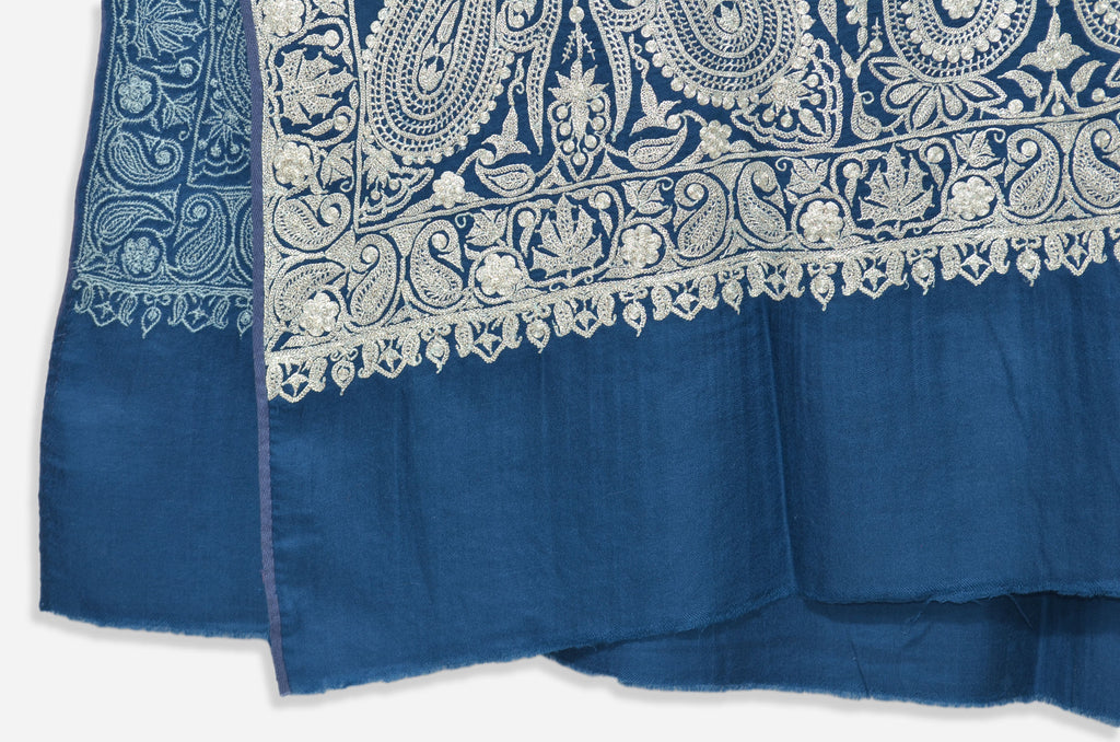 Blue Base Silver Tilla Work Pashmina Shawl
