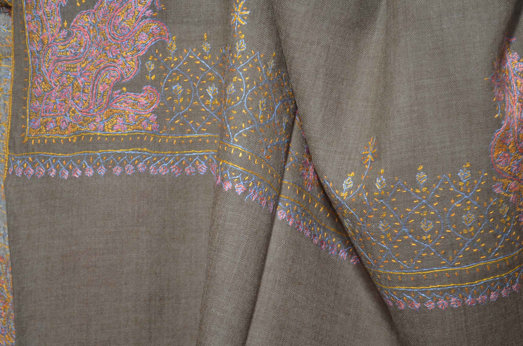 Taupe Merino Sozni Hand Embroidery Shawl
