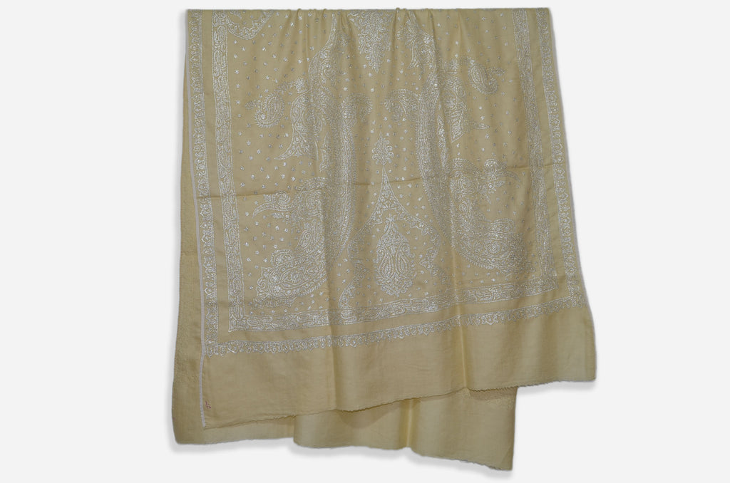 Ivory Base Silver Tilla Work Pashmina Shawl