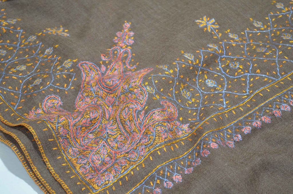 Taupe Merino Sozni Hand Embroidery Shawl