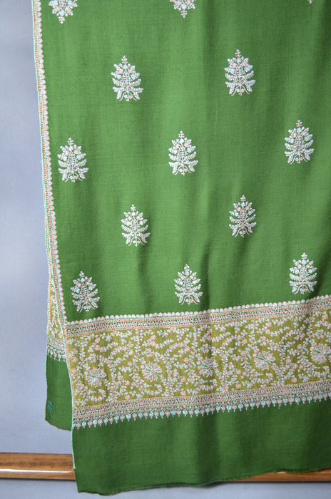 Bottle Green Big Border Embroidery Cashmere Pashmina Shawl