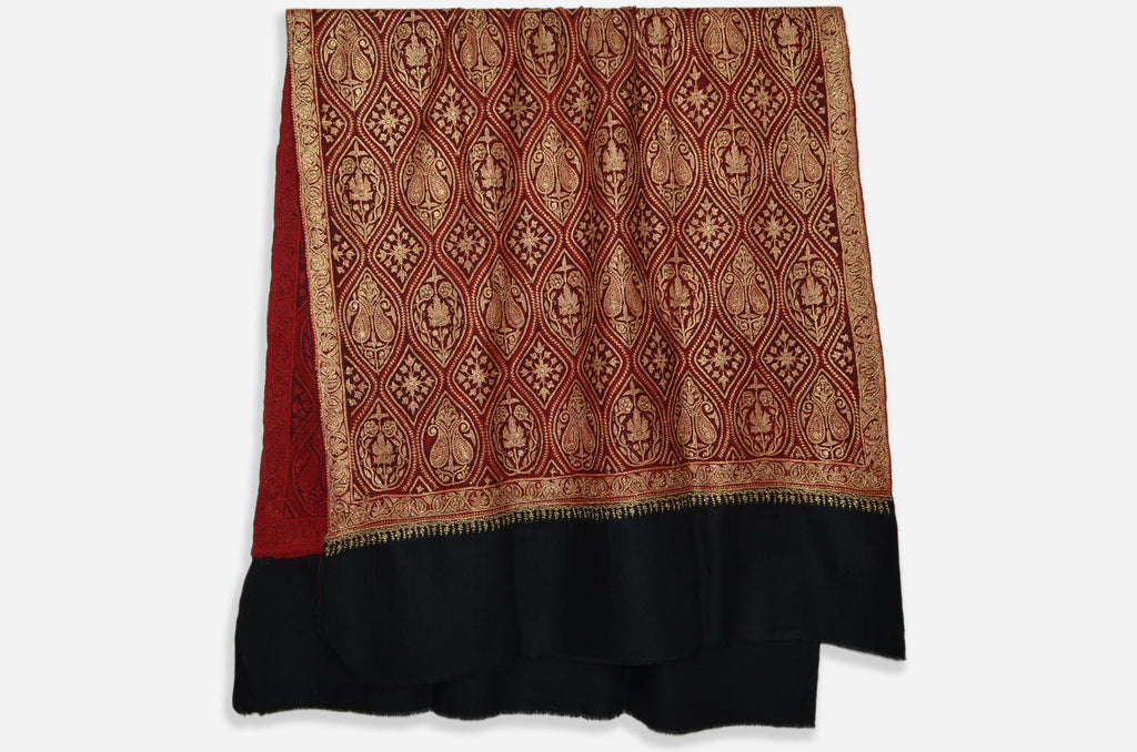 Black and Maroon Base Gold Tilla Work Pashmina Shawl