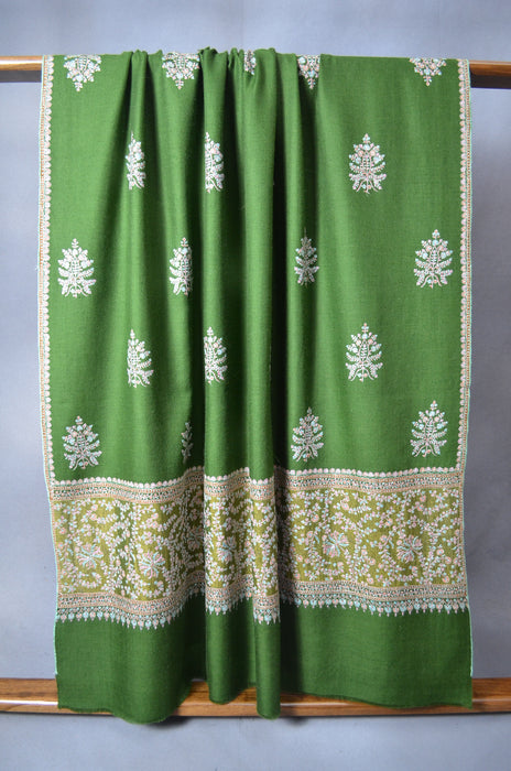 Bottle Green Big Border Embroidery Cashmere Pashmina Shawl