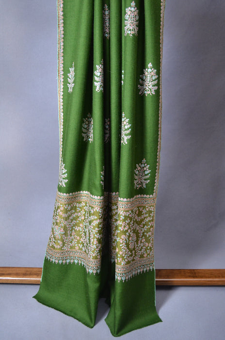 Bottle Green Big Border Embroidery Cashmere Pashmina Shawl