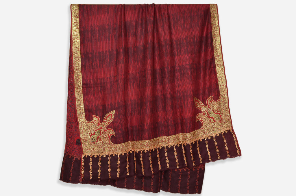 Black and Maroon Base Gold Tilla Work Pashmina Shawl