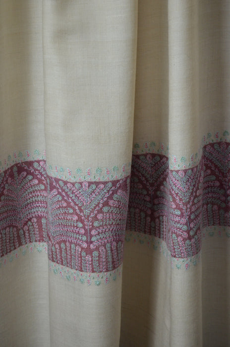 Ivory Striped Big Border Embroidery Cashmere Pashmina Shawl