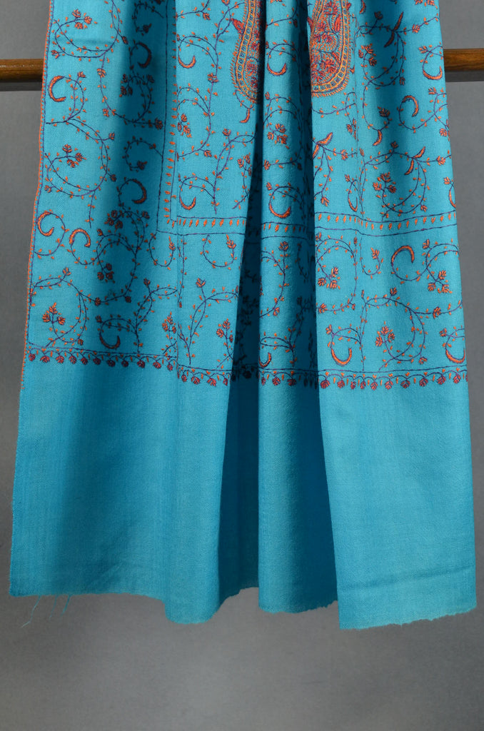 Olympic Blue Jali Sozni Embroidery Shawl