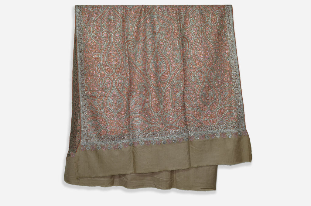 Natural Base Silver and Red Tilla Work Pashmina Shawl