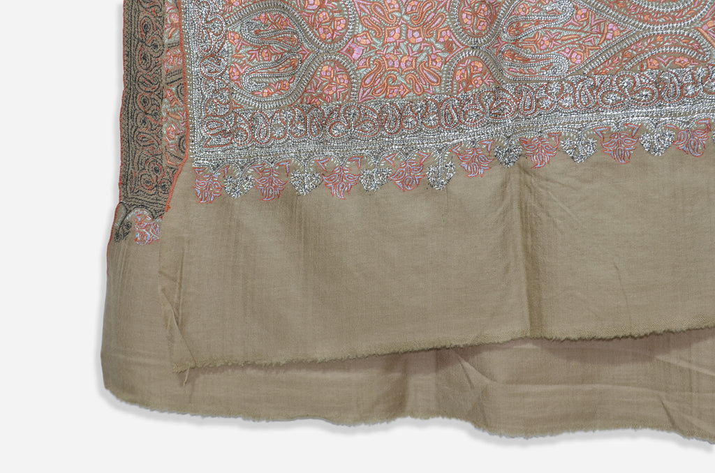 Natural Base Silver and Red Tilla Work Pashmina Shawl