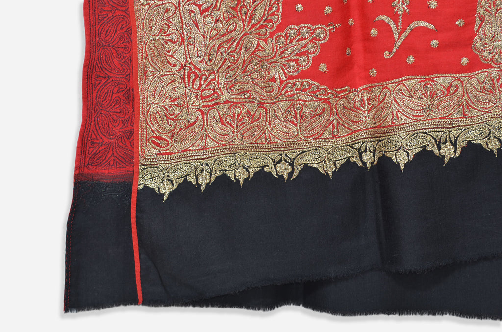 Black and Red Base Silver Tilla Work Pashmina Shawl