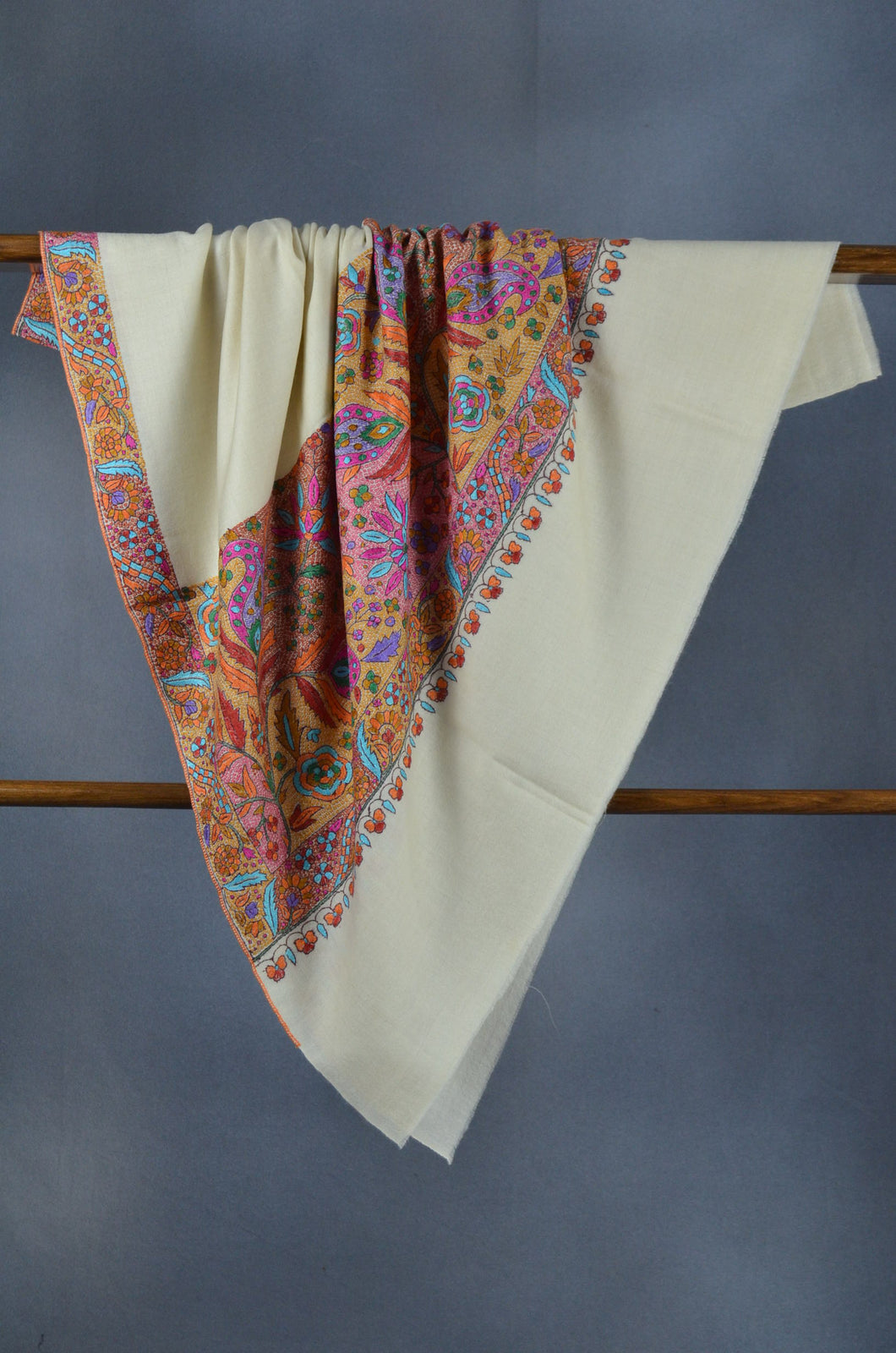 Ivory Base Paper Mache Embroidery Cashmere Pashmina Shawl