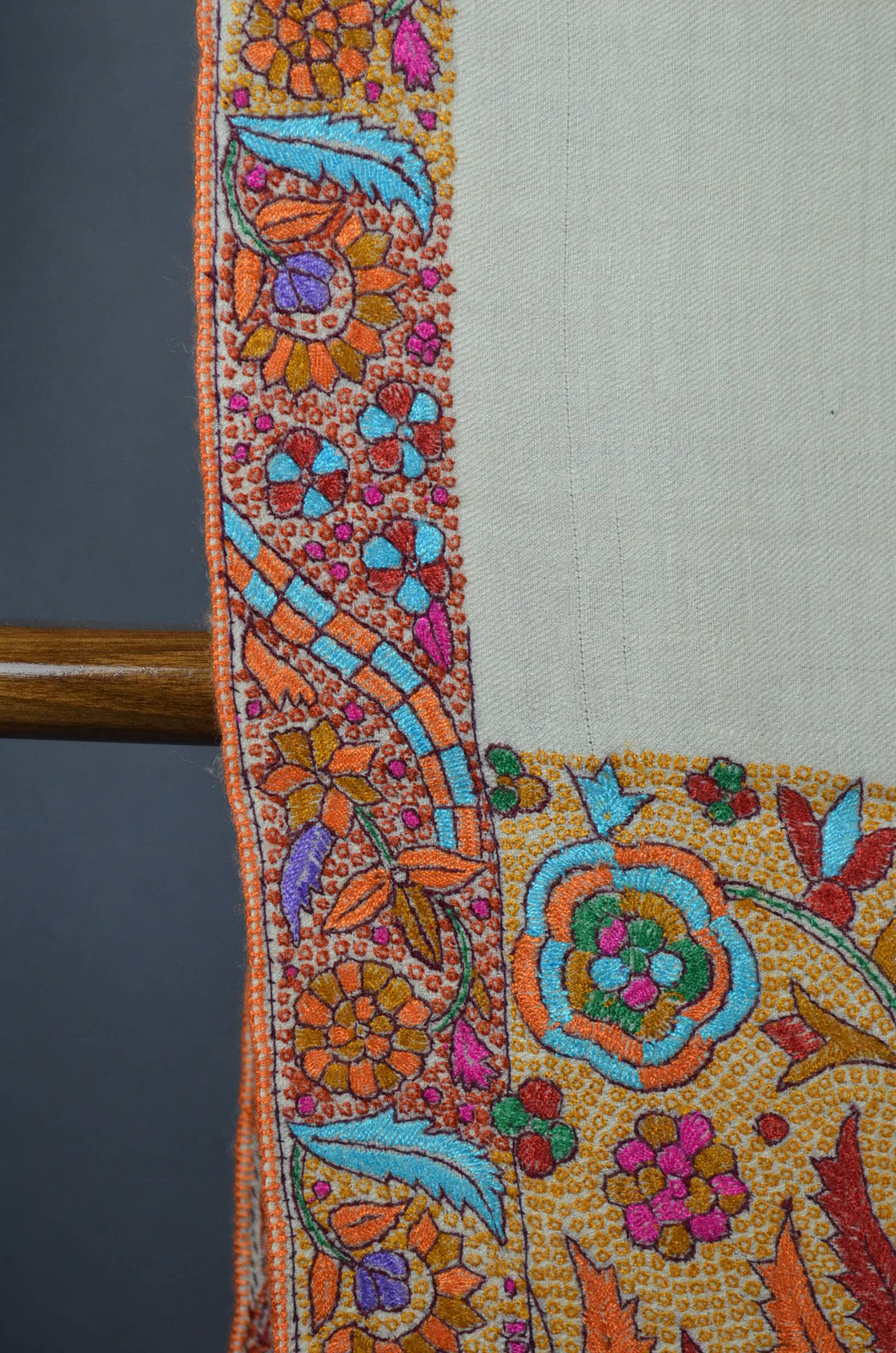 Ivory Base Paper Mache Embroidery Cashmere Pashmina Shawl
