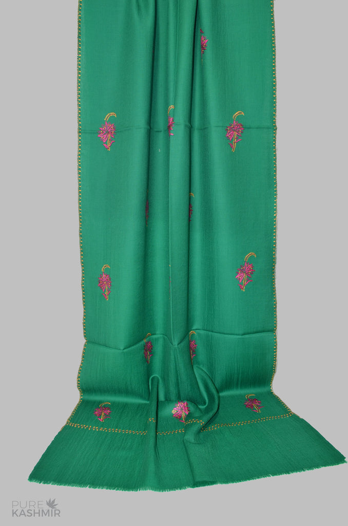 Green Buti Motif Merino Sozni Hand Embroidery Scarf