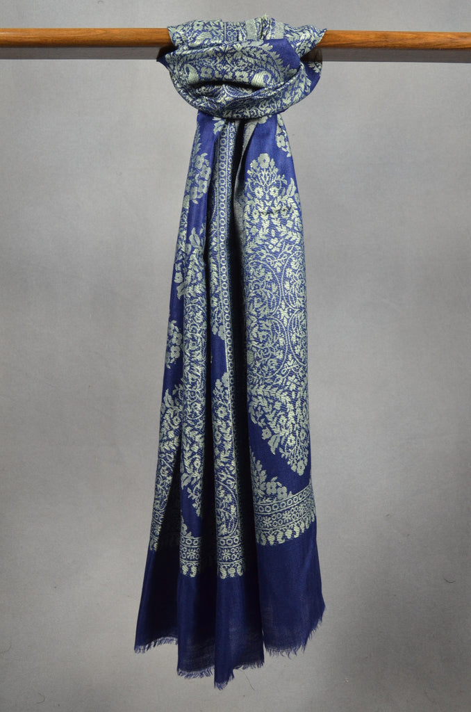 Dark Blue Base Jacquard Weave Merino Scarf