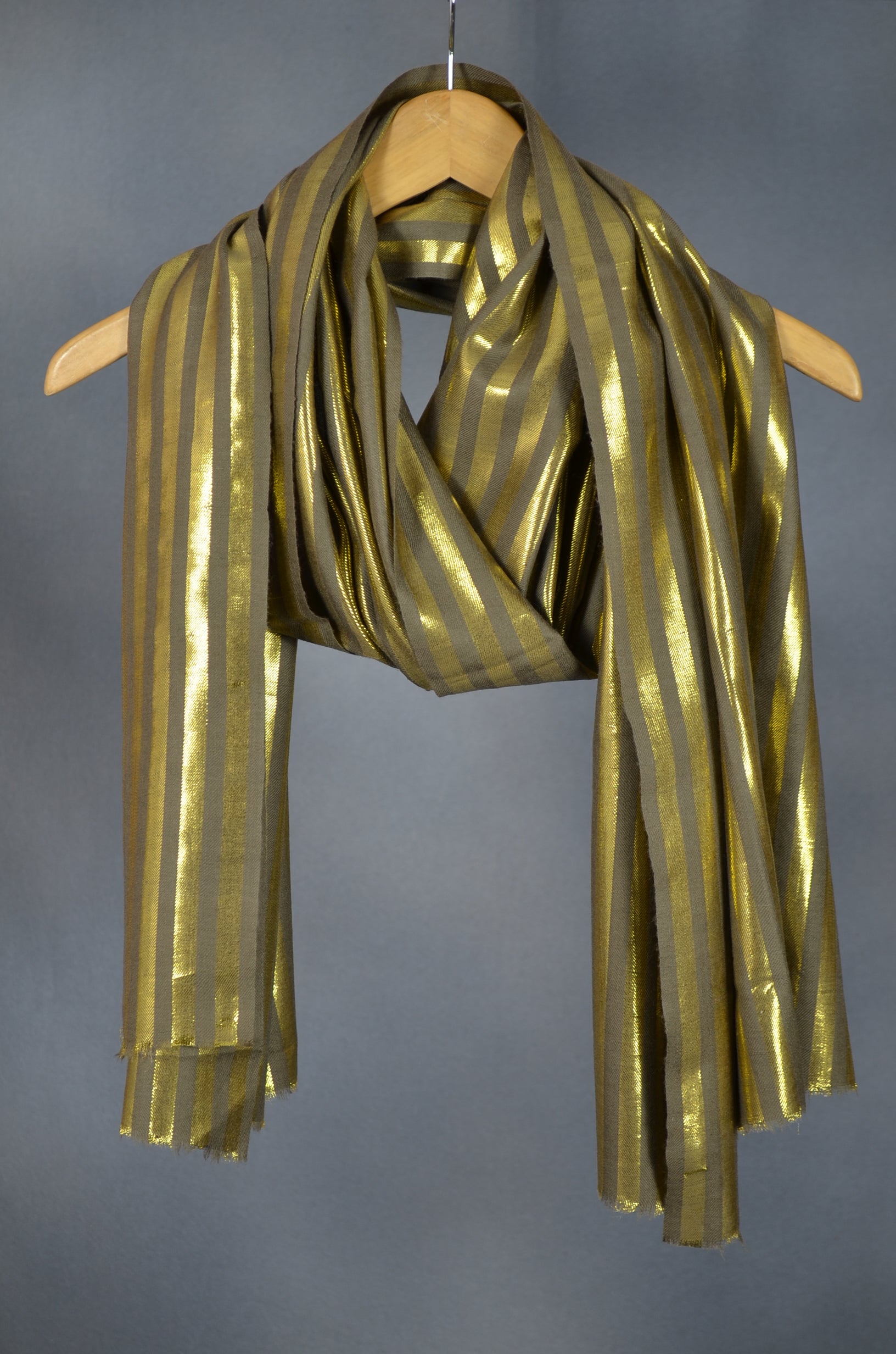 Golden Metallic Striped Handwoven Cashmere Pashmina Scarf