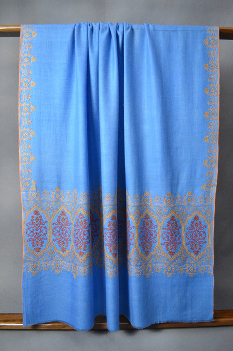 Blue Big Border Embroidery Cashmere Pashmina Shawl