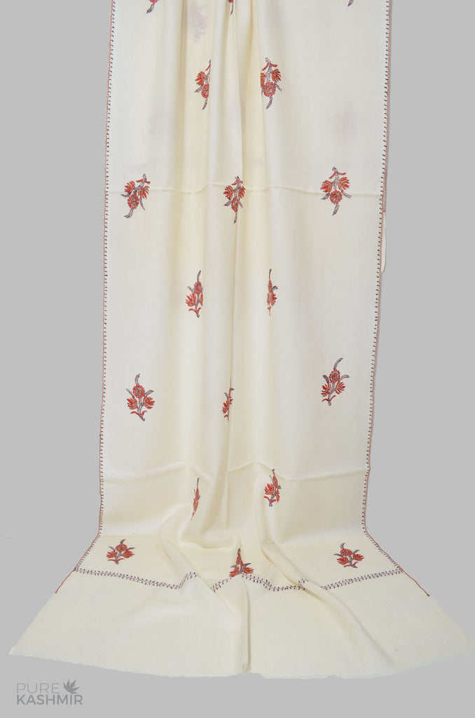 White Buti Motif Merino Sozni Hand Embroidery Scarf
