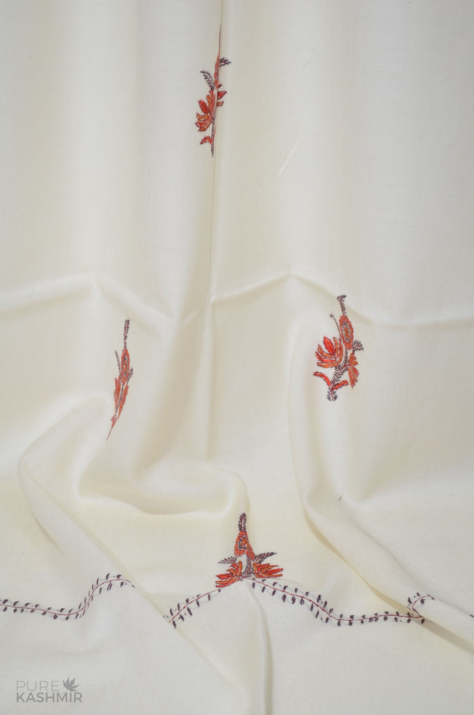 White Buti Motif Merino Sozni Hand Embroidery Scarf