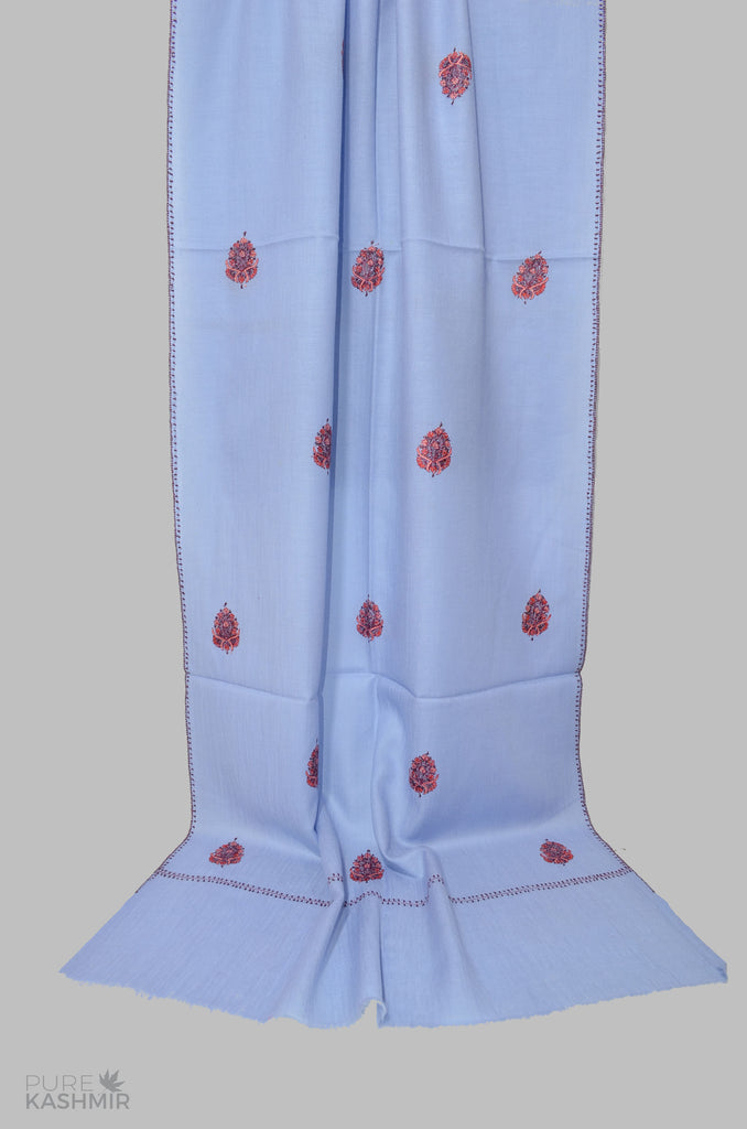 Baby Blue Buti Motif Merino Sozni Hand Embroidery Scarf