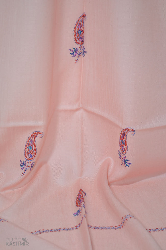 Pink Buti Motif Merino Sozni Hand Embroidery Scarf