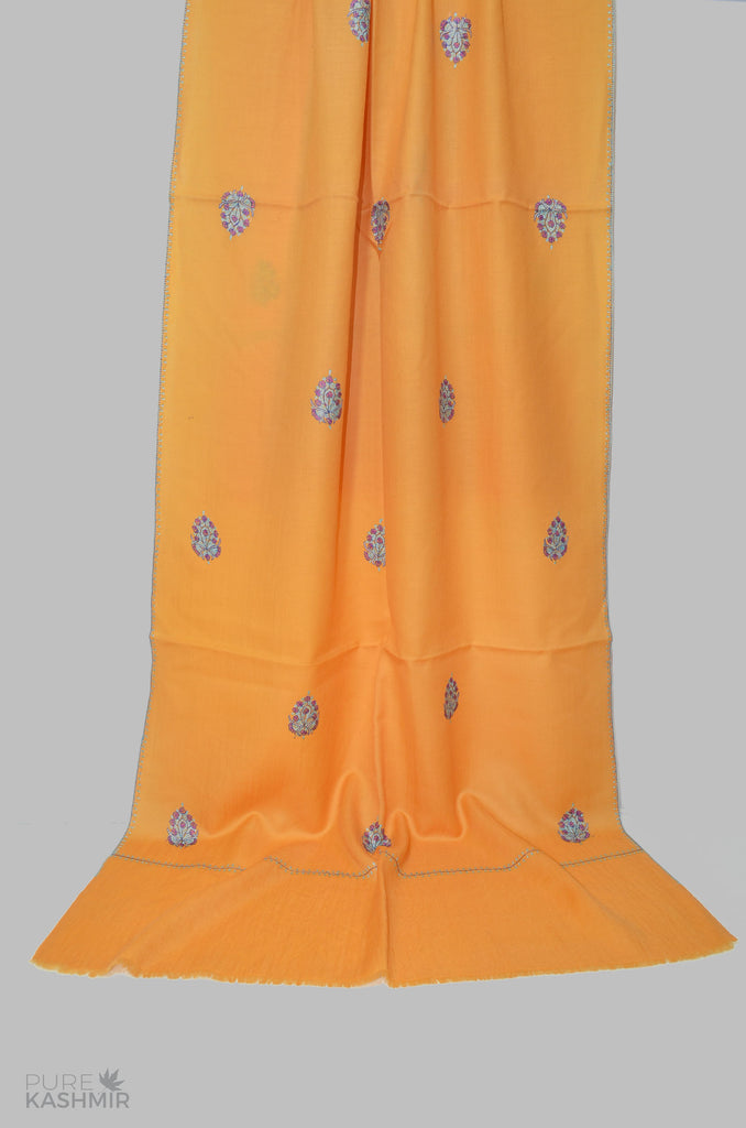 Yellow Buti Motif Merino Sozni Hand Embroidery Scarf